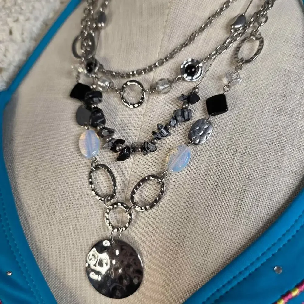 Y2K Boho Statement Necklace Silver Black Beaded Sliver Tone Summer Mermaidcore